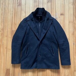 Mackage Men's Black Wool Blend Double Breasted Coat with Leather Trim Size 40